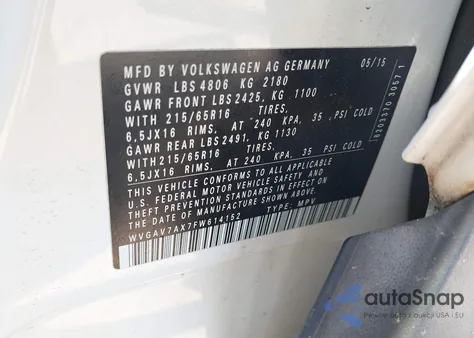 2015 Volkswagen Tiguan S z USA, uszkodzony, nr VIN WVGAV7AX7FW614152